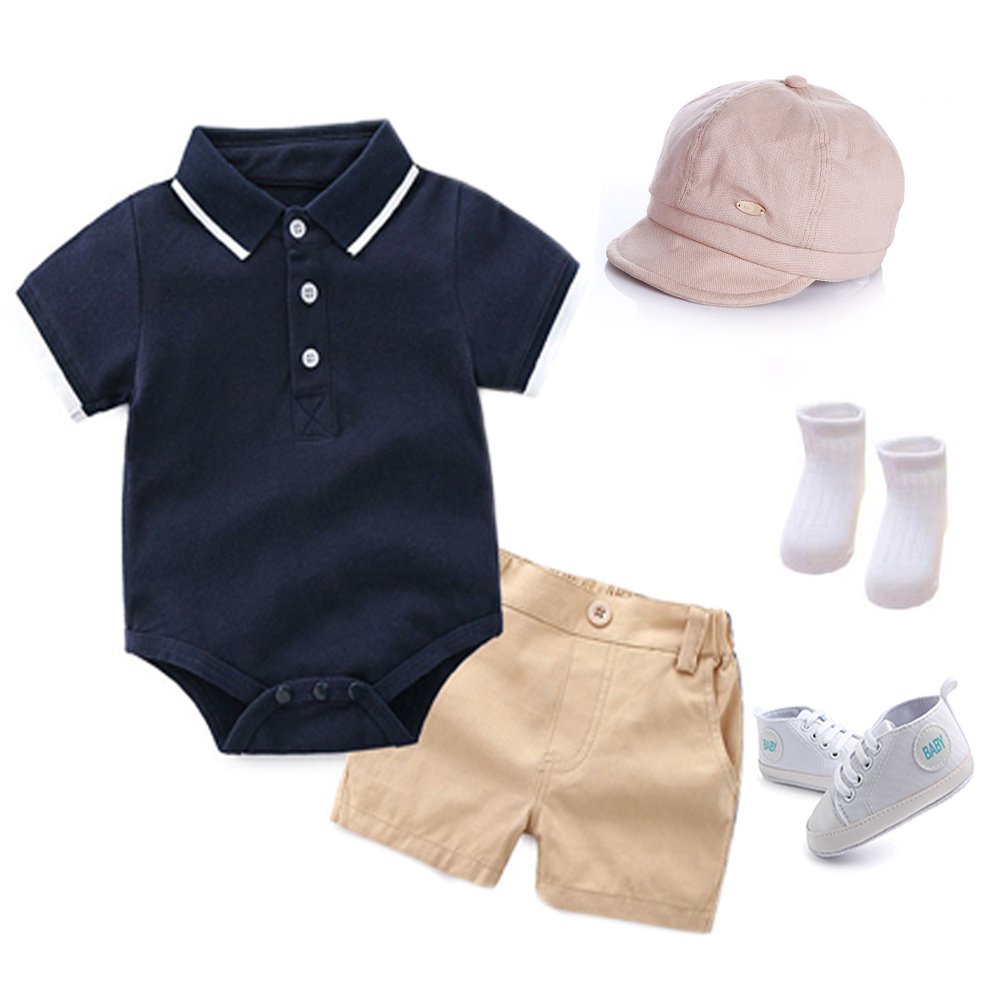 Cotton Summer Boy Turn-down Collar Romper Jumpsuit + Hat + Shoes + Shorts Toddler Outfits Clothes Newborn Baby Boy Set