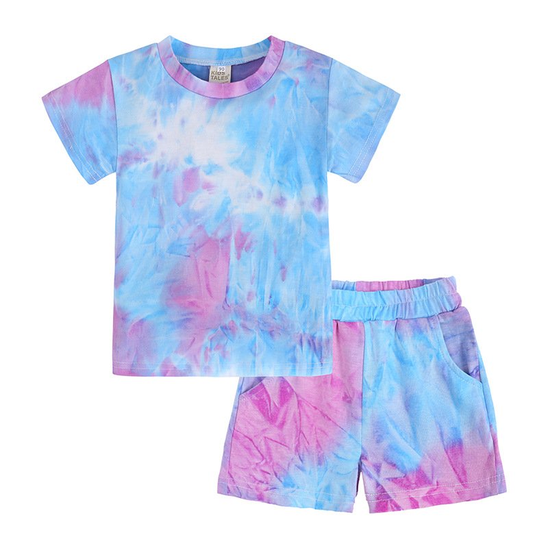 Summer 2 Pcs Sport Tracksuit Tie Dye Children Kids Clothes Short Sleeve Baby T Shirt Boys Clothing Set Cotton Custom Tracksuit