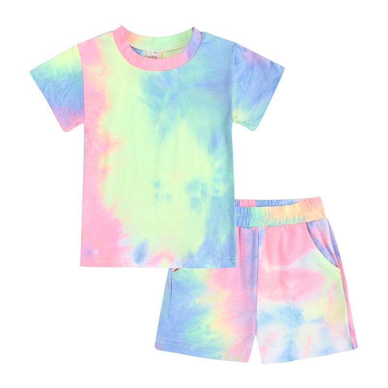 Summer 2 Pcs Sport Tracksuit Tie Dye Children Kids Clothes Short Sleeve Baby T Shirt Boys Clothing Set Cotton Custom Tracksuit