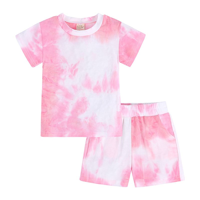 Summer 2 Pcs Sport Tracksuit Tie Dye Children Kids Clothes Short Sleeve Baby T Shirt Boys Clothing Set Cotton Custom Tracksuit