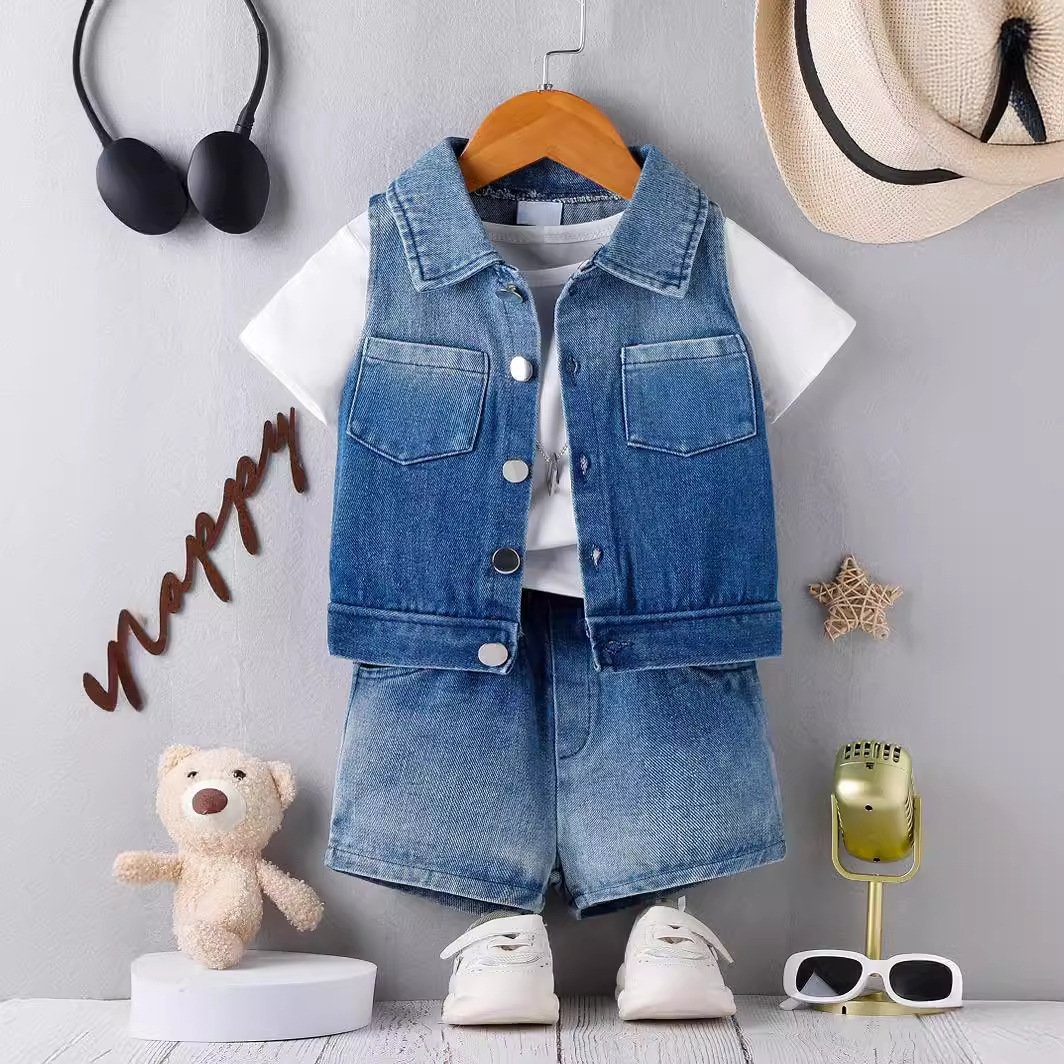 Summer new ins cross-border e-commerce foreign trade hot-selling denim vest jacket boy clothing street-blasting three-piece suit