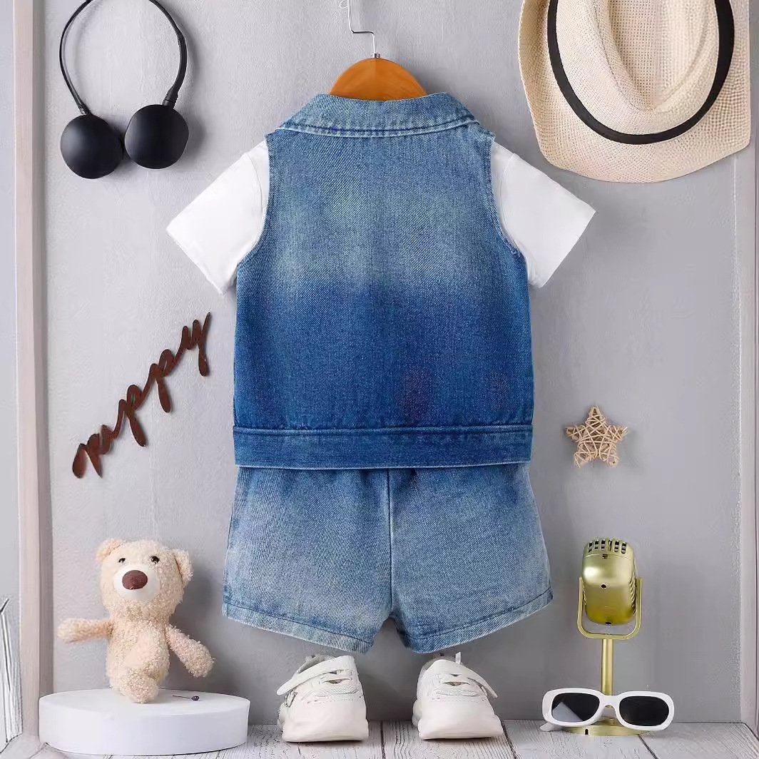Summer new ins cross-border e-commerce foreign trade hot-selling denim vest jacket boy clothing street-blasting three-piece suit