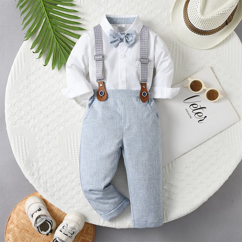 New Baby Boy Clothing Sets Light Blue Gentleman Outfits Bowtie Shirt Suspenders Pants Suits Boy Clothes For 1-6Years