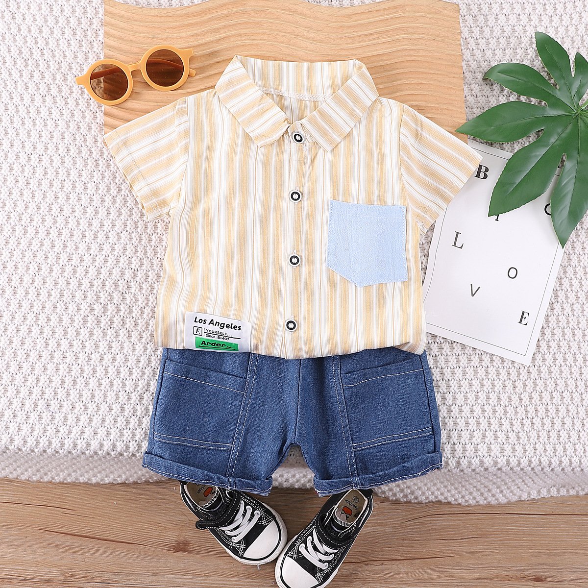 Baby Boy Summer Striped Design Shirt Denim Shorts Jeans Toddler Kids Clothing Two Piece Sets Children Clothes Outfit