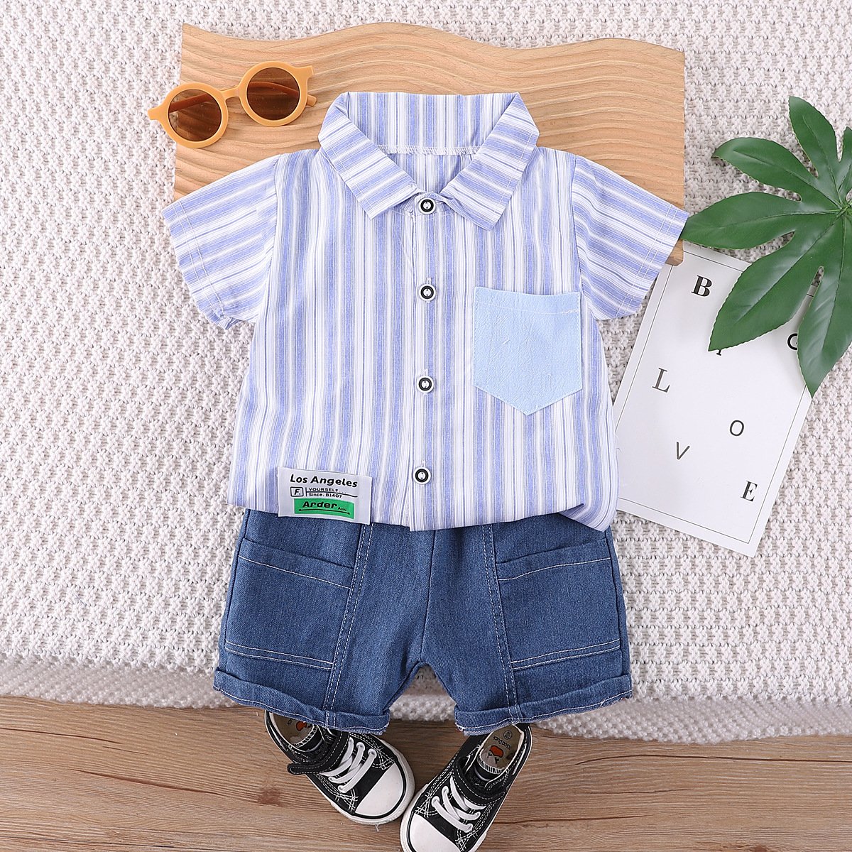 Baby Boy Summer Striped Design Shirt Denim Shorts Jeans Toddler Kids Clothing Two Piece Sets Children Clothes Outfit
