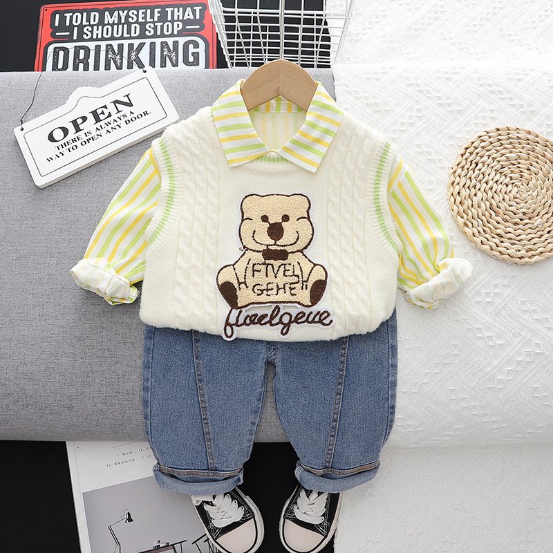 Wholesale 2024 new design boys clothing cartoon Bear sweater shirt and pants three children's clothing sets