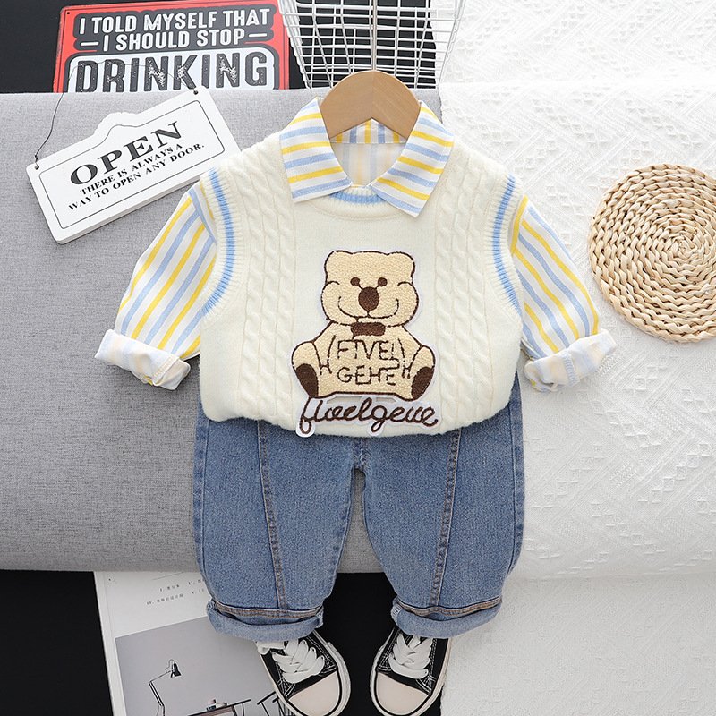 Wholesale 2024 new design boys clothing cartoon Bear sweater shirt and pants three children's clothing sets