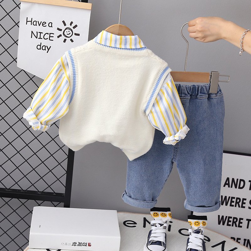 Wholesale 2024 new design boys clothing cartoon Bear sweater shirt and pants three children's clothing sets