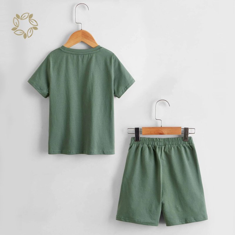 Eco-friendly kids boys clothing sets Boys Drop Shoulder Solid Top & Track Shorts Set Organic cotton Boys t shirt and shorts