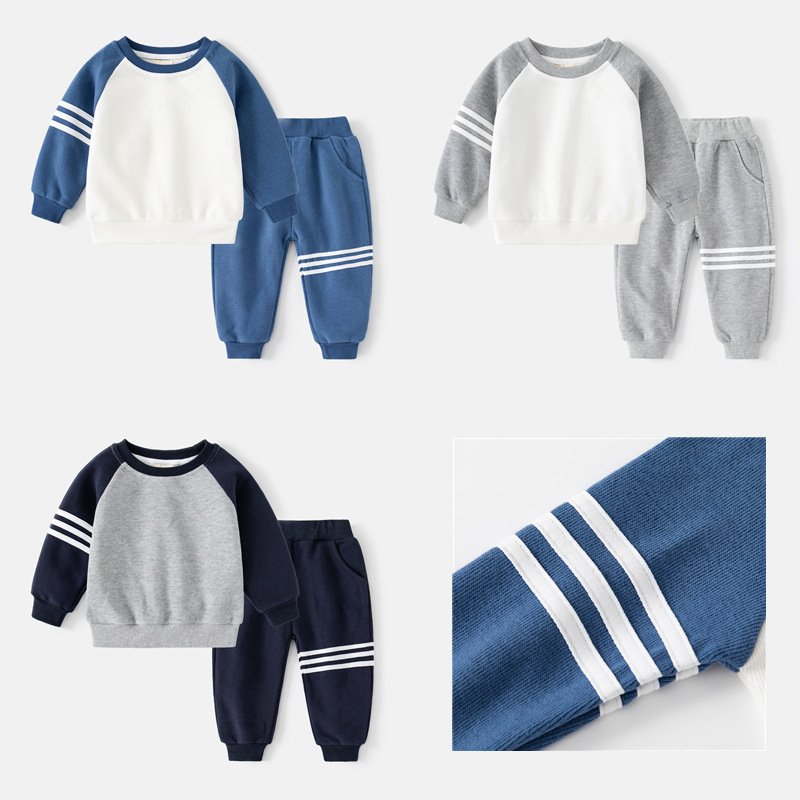 Children's set 2023 autumn new boy sleeved striped hoodie baby two sets spring and autumn clothing