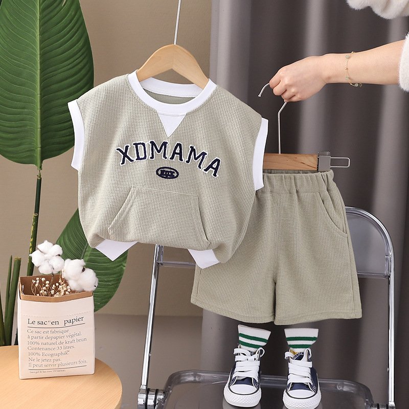 2024 New Casual Kids Clothing Short Sleeve Letter Print Waffle Pullover Shorts Boys Two-Piece Tracksuit Summer Toddler Sets