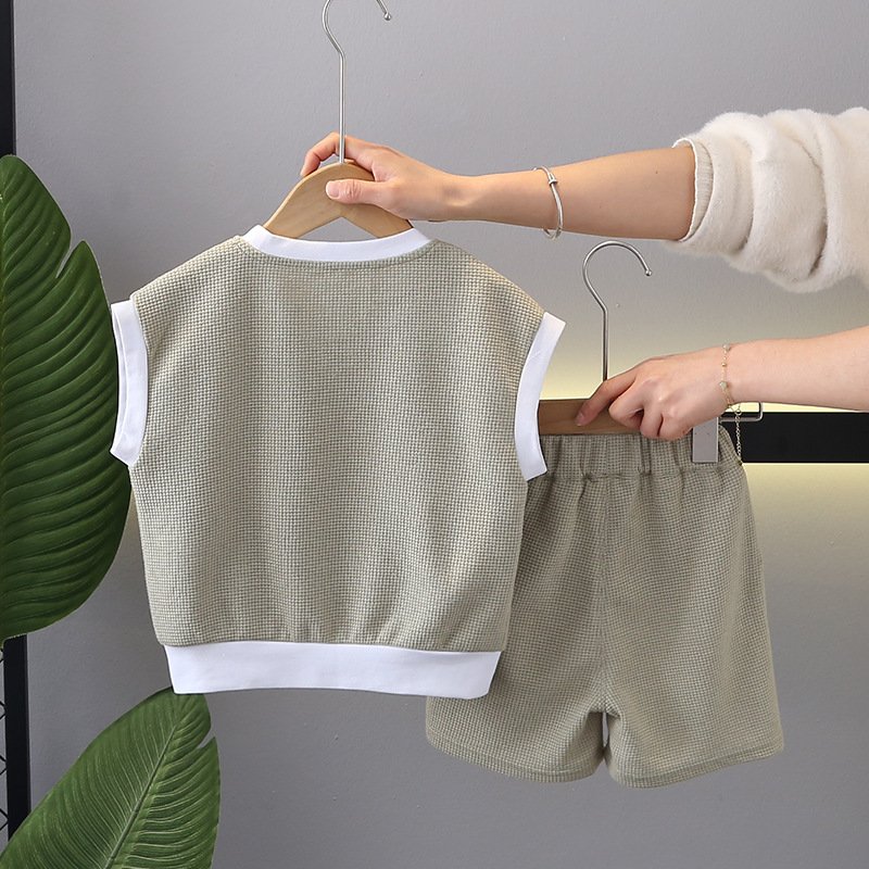 2024 New Casual Kids Clothing Short Sleeve Letter Print Waffle Pullover Shorts Boys Two-Piece Tracksuit Summer Toddler Sets