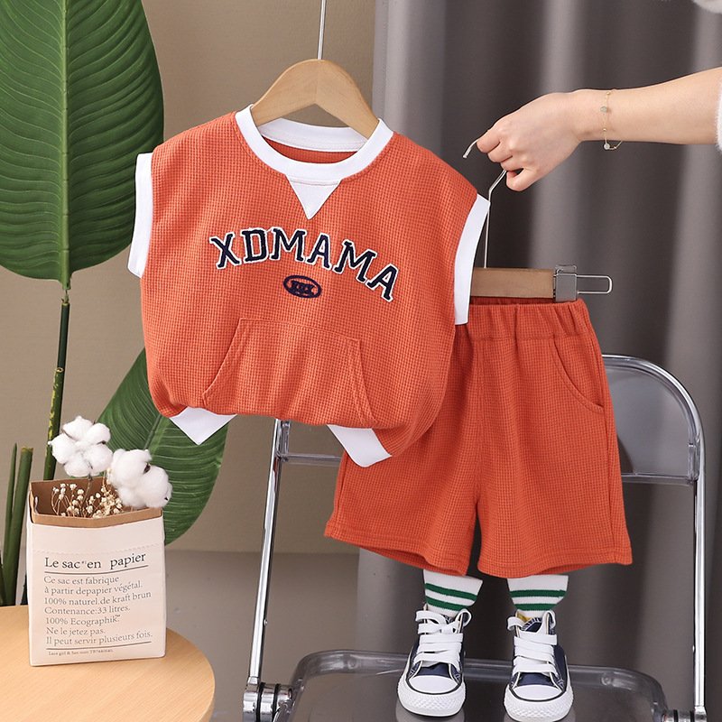 2024 New Casual Kids Clothing Short Sleeve Letter Print Waffle Pullover Shorts Boys Two-Piece Tracksuit Summer Toddler Sets