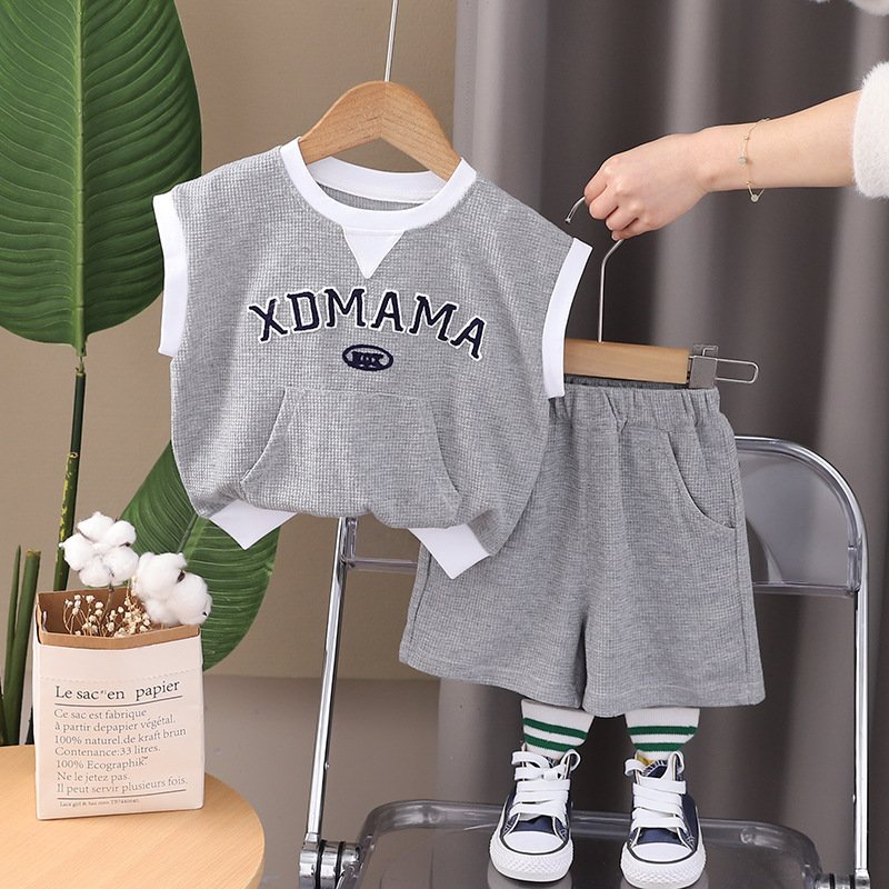 2024 New Casual Kids Clothing Short Sleeve Letter Print Waffle Pullover Shorts Boys Two-Piece Tracksuit Summer Toddler Sets