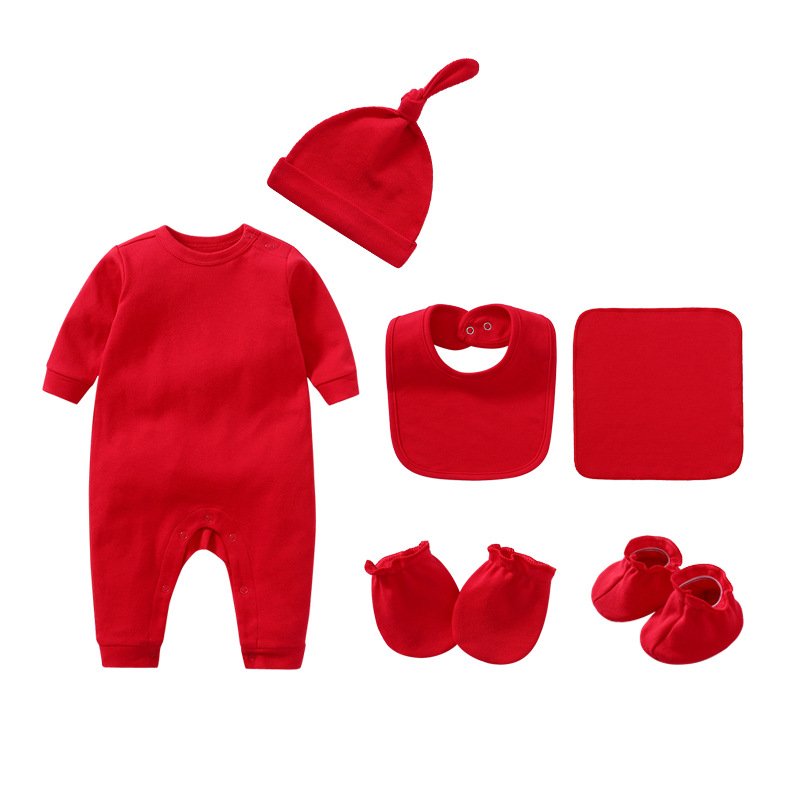 Custom Logo Organic Cotton Newborn Baby Clothes Romper Solid Color Mittens Socks Hat Bibs Set Gift Baby Clothes For Boy Girl Set