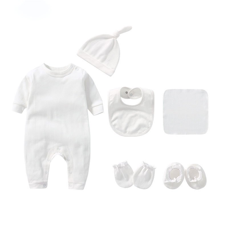 Custom Logo Organic Cotton Newborn Baby Clothes Romper Solid Color Mittens Socks Hat Bibs Set Gift Baby Clothes For Boy Girl Set