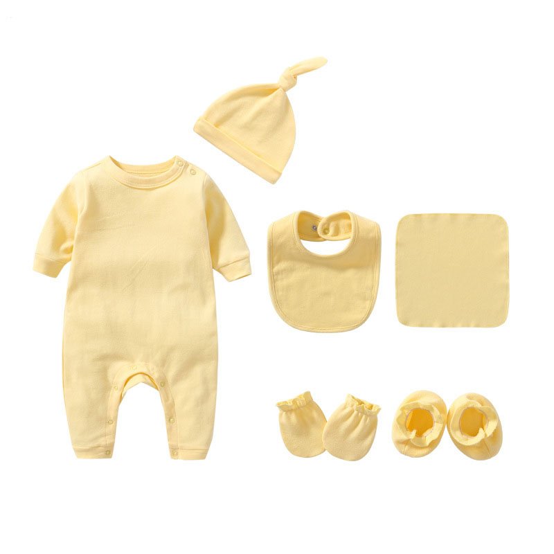 Custom Logo Organic Cotton Newborn Baby Clothes Romper Solid Color Mittens Socks Hat Bibs Set Gift Baby Clothes For Boy Girl Set
