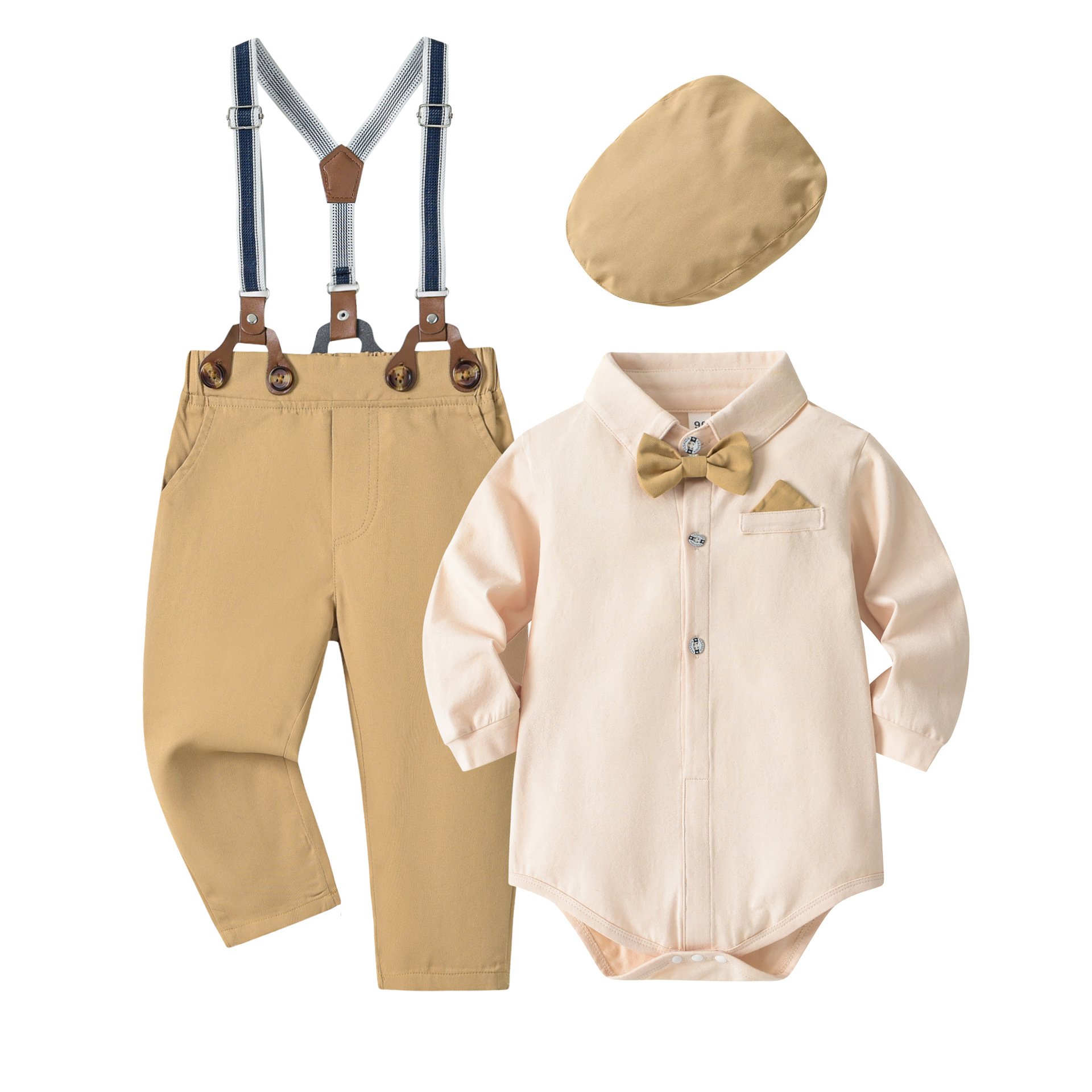 Custom Logo Baby Boy Clothes Bowtie Romper Shirt Suspender Pants Boy Clothing Sets 1st Birthday Formal Suit Children's Clothing