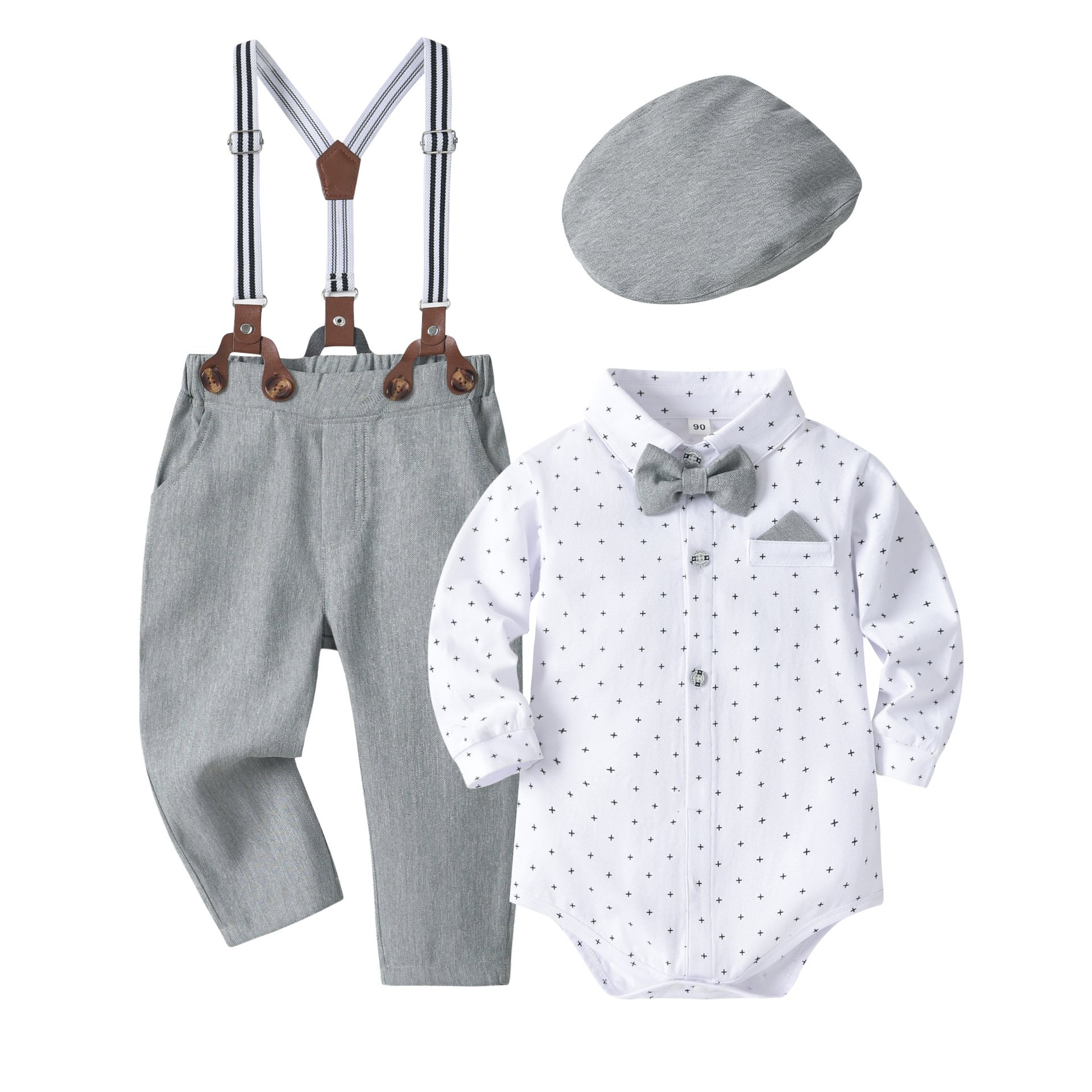Custom Logo Baby Boy Clothes Bowtie Romper Shirt Suspender Pants Boy Clothing Sets 1st Birthday Formal Suit Children's Clothing