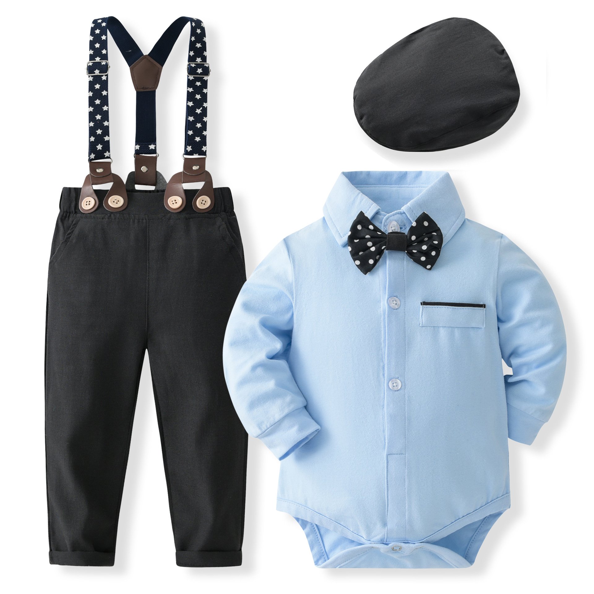 Custom Logo Baby Boy Clothes Bowtie Romper Shirt Suspender Pants Boy Clothing Sets 1st Birthday Formal Suit Children's Clothing