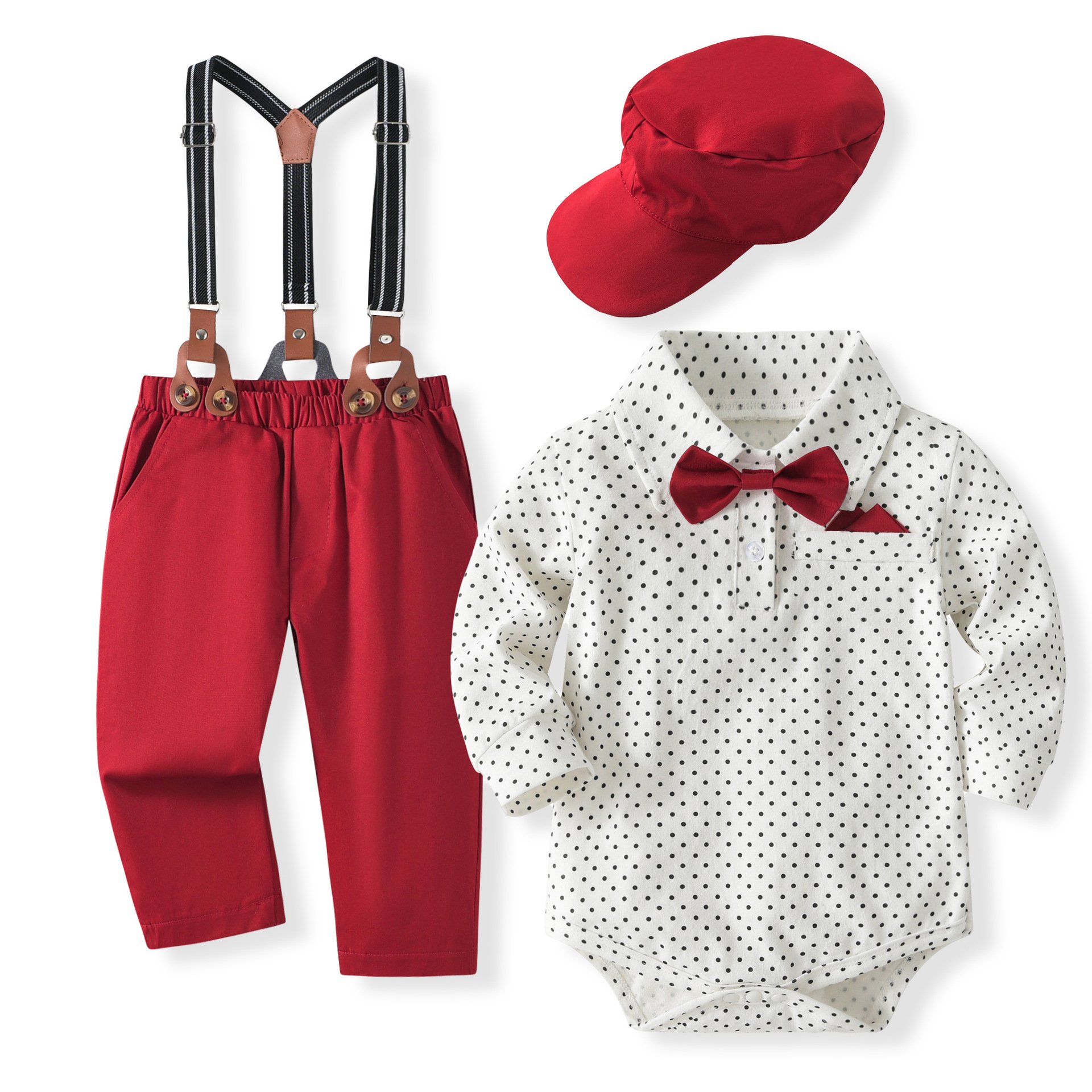 Custom Logo Baby Boy Clothes Bowtie Romper Shirt Suspender Pants Boy Clothing Sets 1st Birthday Formal Suit Children's Clothing