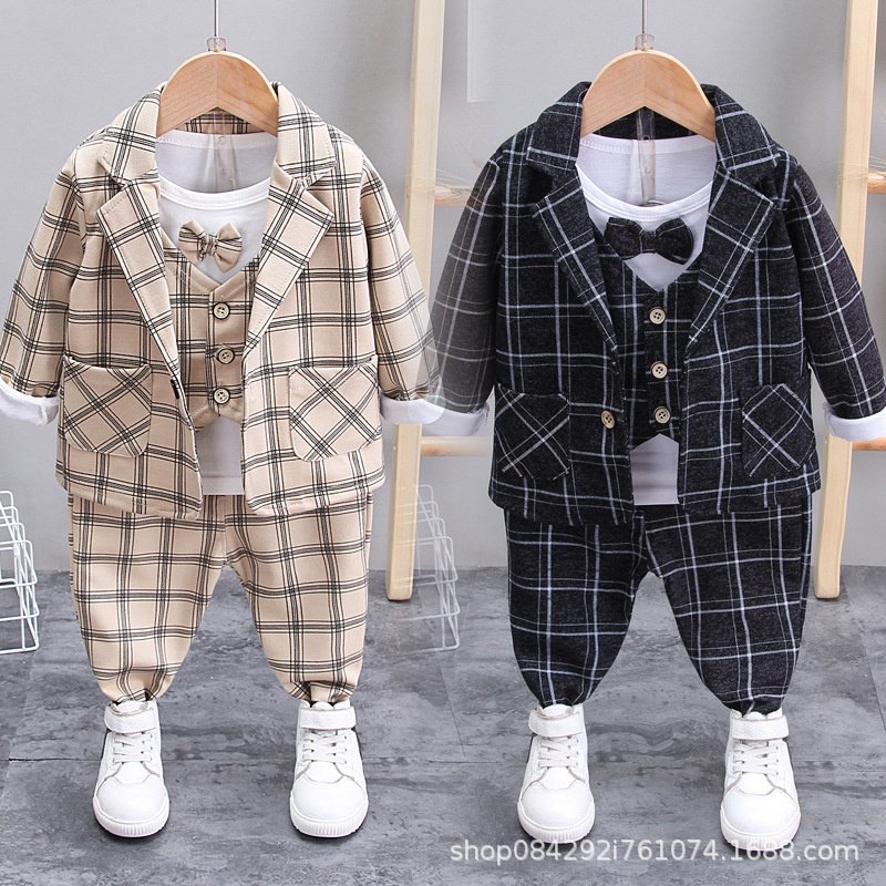 autumn long sleeve t shirt plaid coat pants 3 pieces suit fashion toddler boys boutique clothing sets