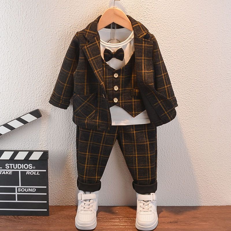 autumn long sleeve t shirt plaid coat pants 3 pieces suit fashion toddler boys boutique clothing sets
