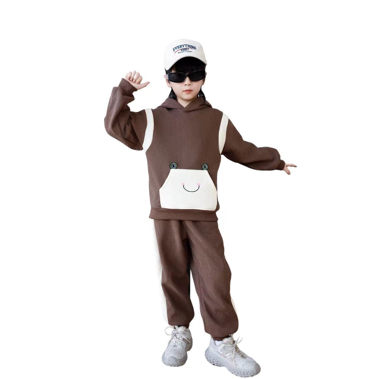 Unisex Casual Children's Fall and Winter Set Hoodie Sweatpants with Printed Cartoon Cotton Long Sleeves for Autumn and Winter