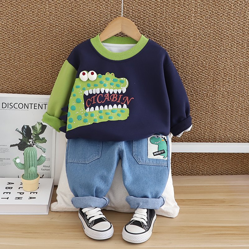 2024 Spring Autumn Children Clothes New Cartoon Dinosaur Casual Long Sleeve Hoodie Denim Pants Two-piece Boys Clothing Sets