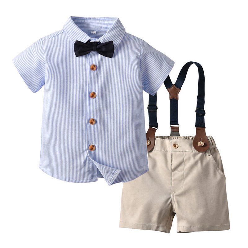 New Release Boys' Solid Color Three-Piece Set Short Sleeve Suit Explosion Print Cotton Beard Suspenders Bow Little