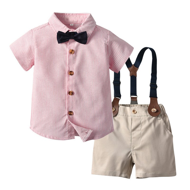New Release Boys' Solid Color Three-Piece Set Short Sleeve Suit Explosion Print Cotton Beard Suspenders Bow Little