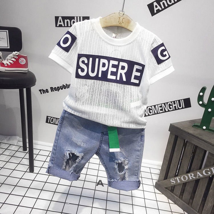 Fashion Children's Kids Clothing Boys Short Sleeve Summer Set 5-10 Years Jeans Big Two Piece Boutique Wholesale Denim Cotton