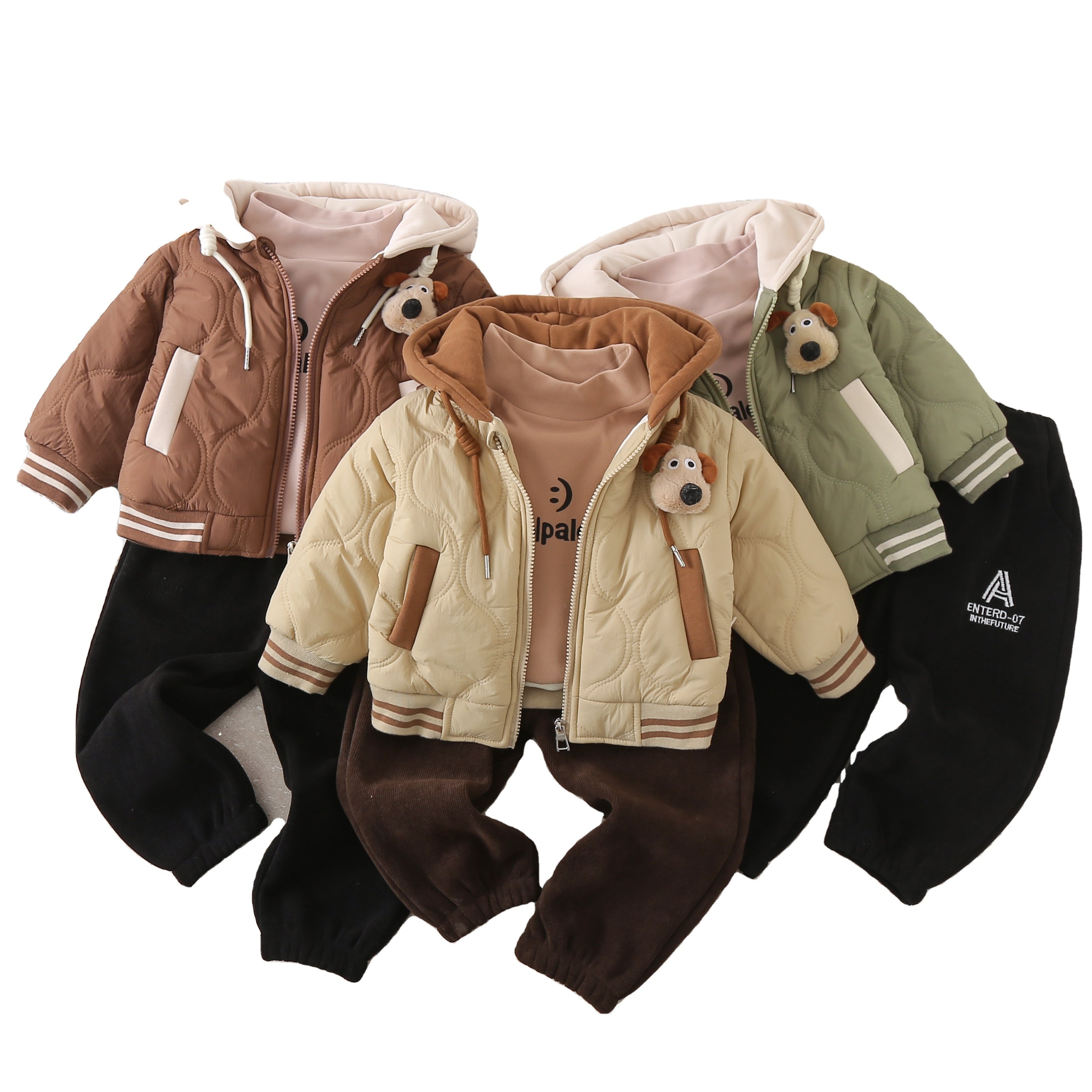 Boys' Set Autumn and Winter New Thickened Clothes Baby Fashionable Letter Hooded Coat Three Piece Children Clothing Set