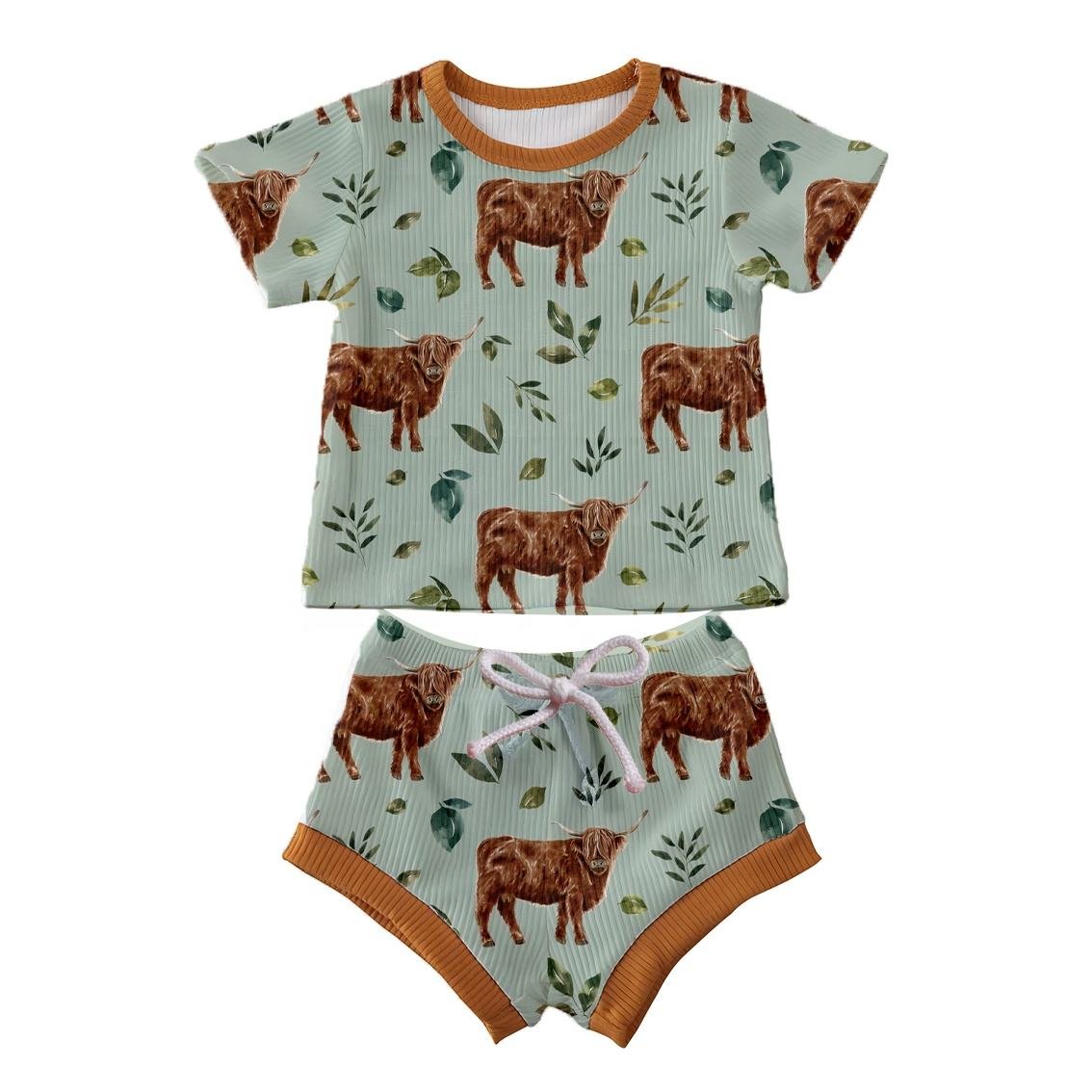 JF Wholesale Summer Custom Toddler Infant Outfit Print Ribbed Short Sleeve T Shirt and Shorts 2pcs Baby Boys Clothing Set