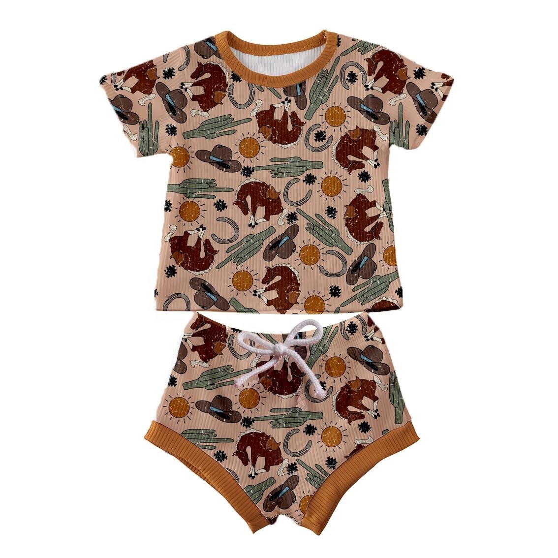 JF Wholesale Summer Custom Toddler Infant Outfit Print Ribbed Short Sleeve T Shirt and Shorts 2pcs Baby Boys Clothing Set