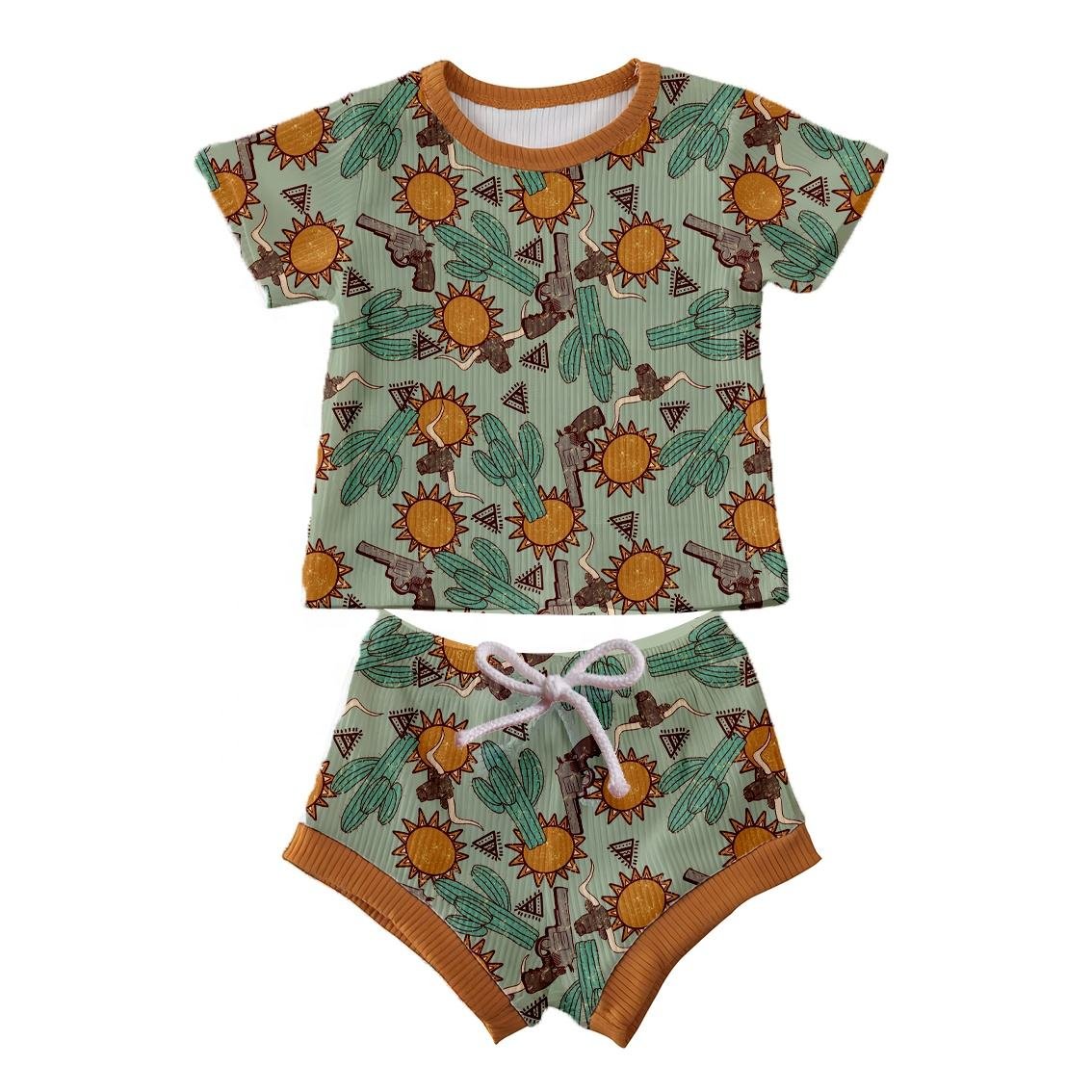 JF Wholesale Summer Custom Toddler Infant Outfit Print Ribbed Short Sleeve T Shirt and Shorts 2pcs Baby Boys Clothing Set