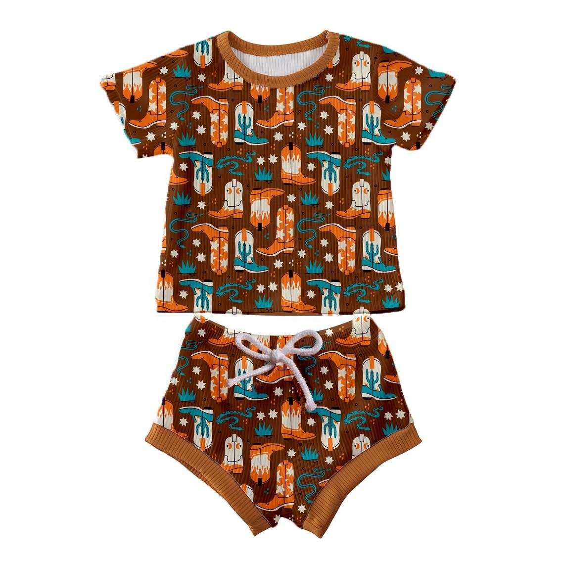 JF Wholesale Summer Custom Toddler Infant Outfit Print Ribbed Short Sleeve T Shirt and Shorts 2pcs Baby Boys Clothing Set