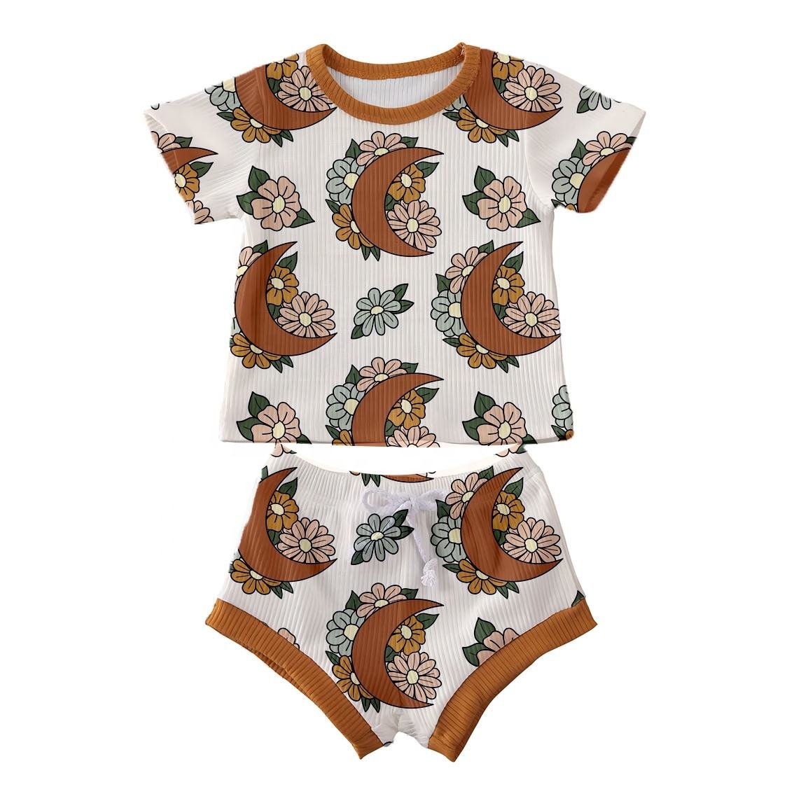 JF Wholesale Summer Custom Toddler Infant Outfit Print Ribbed Short Sleeve T Shirt and Shorts 2pcs Baby Boys Clothing Set