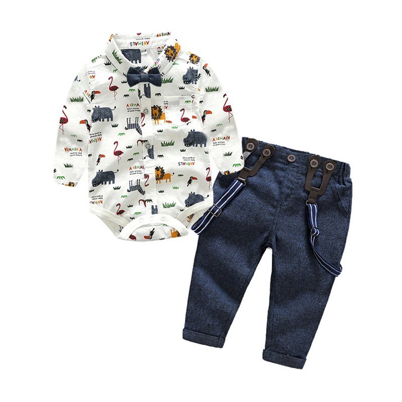 Boutique Western Style European and American Boys ostrich Long Sleeve Suspender Pants Clothing Sets
