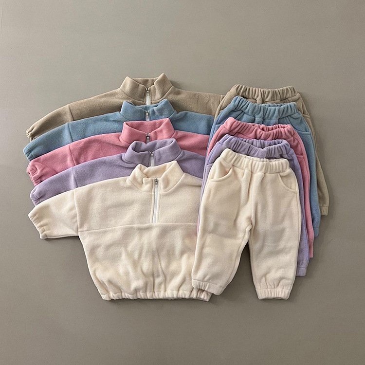 2024 spring and autumn baby girl ang boy clothing set double-sided velvet stand collar sports plus velvet two-piece suit