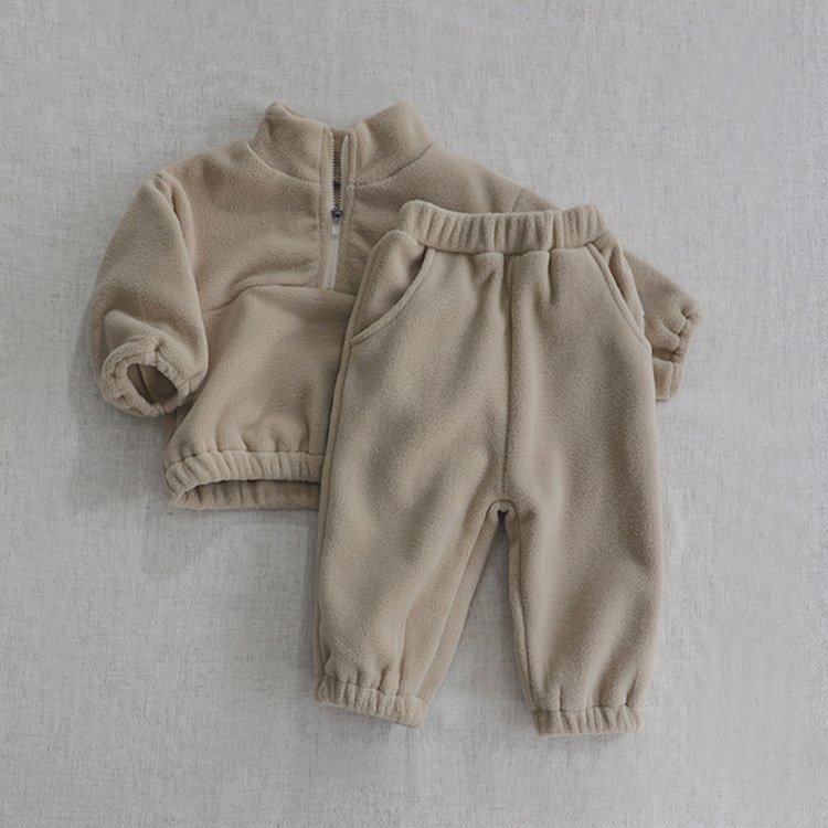 2024 spring and autumn baby girl ang boy clothing set double-sided velvet stand collar sports plus velvet two-piece suit