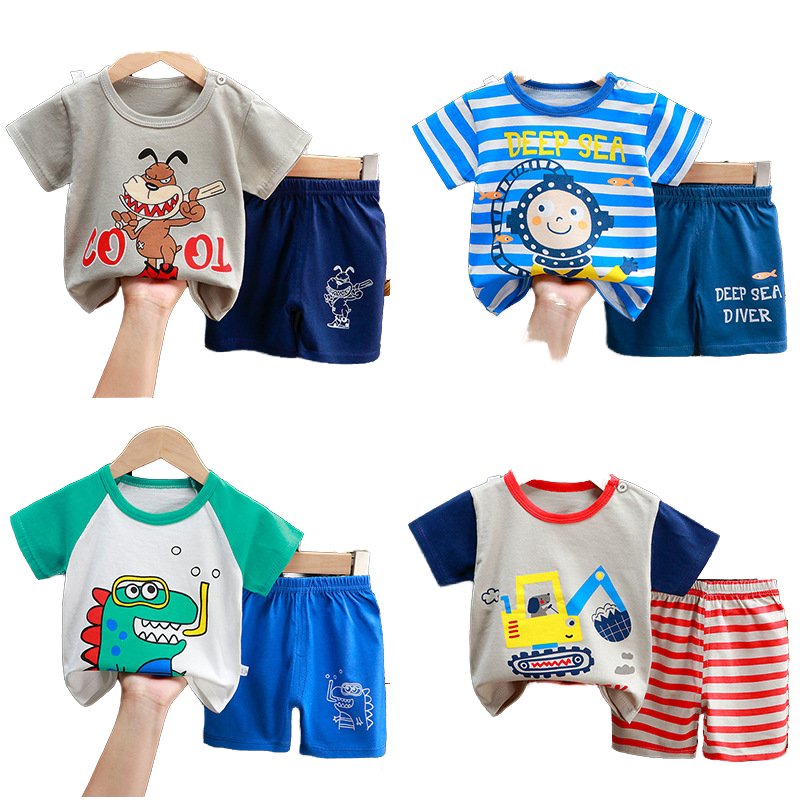 Boys' Summer Clothing set Summer 2-Piece Suit Stripe Short Sleeve Pockets top tee pants Bloomer Shorts Girls cotton T-shirt set