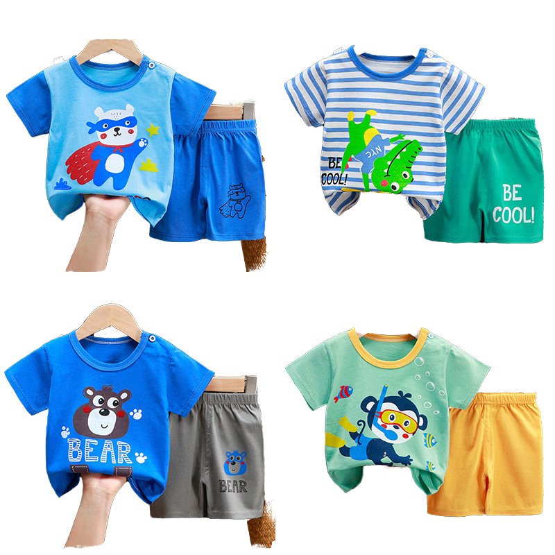 Boys' Summer Clothing set Summer 2-Piece Suit Stripe Short Sleeve Pockets top tee pants Bloomer Shorts Girls cotton T-shirt set