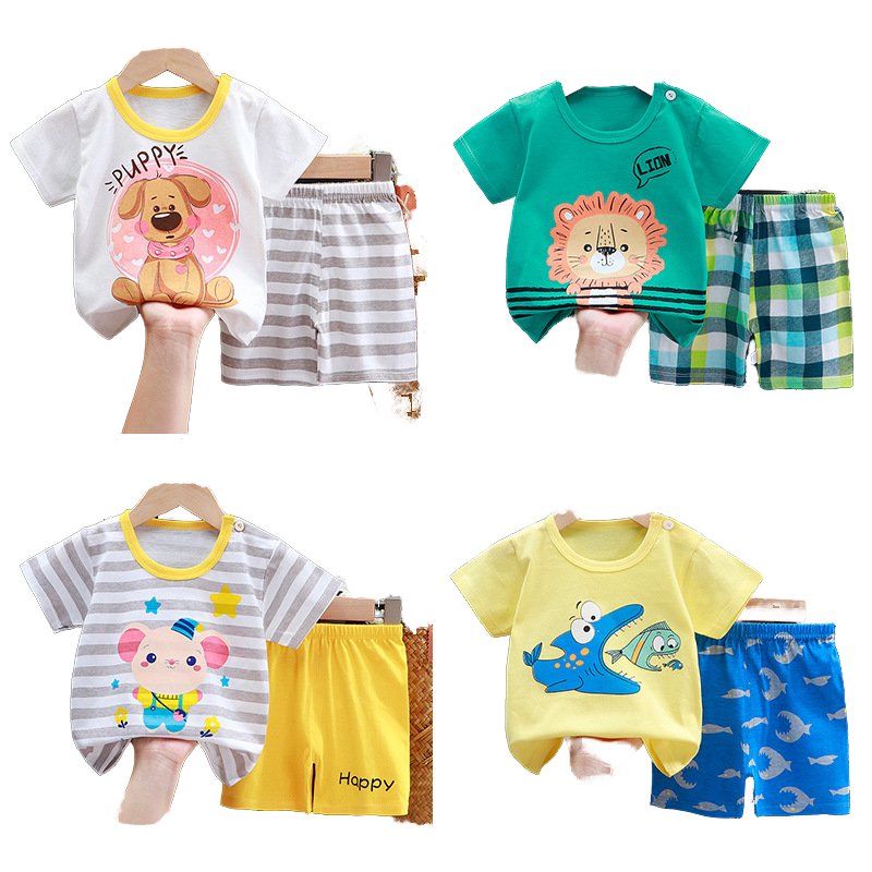Boys' Summer Clothing set Summer 2-Piece Suit Stripe Short Sleeve Pockets top tee pants Bloomer Shorts Girls cotton T-shirt set