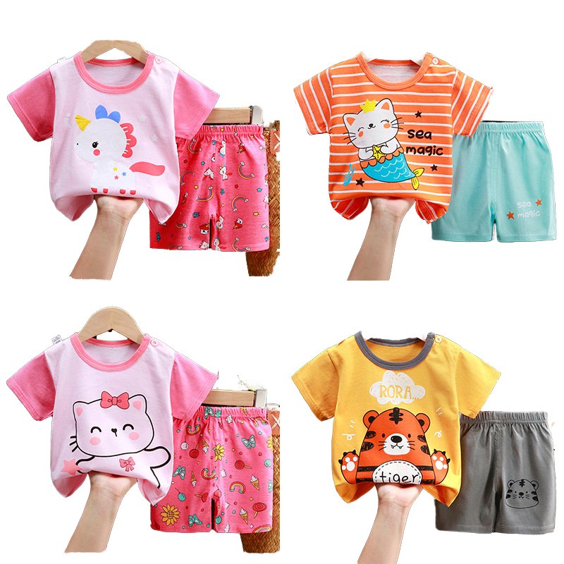 Boys' Summer Clothing set Summer 2-Piece Suit Stripe Short Sleeve Pockets top tee pants Bloomer Shorts Girls cotton T-shirt set