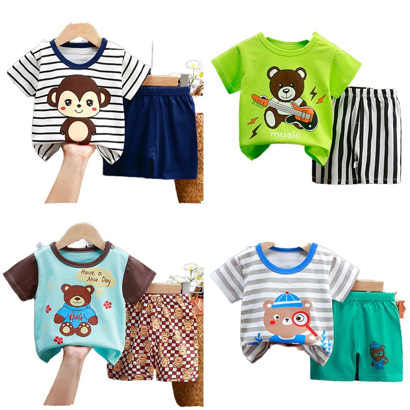 Boys' Summer Clothing set Summer 2-Piece Suit Stripe Short Sleeve Pockets top tee pants Bloomer Shorts Girls cotton T-shirt set