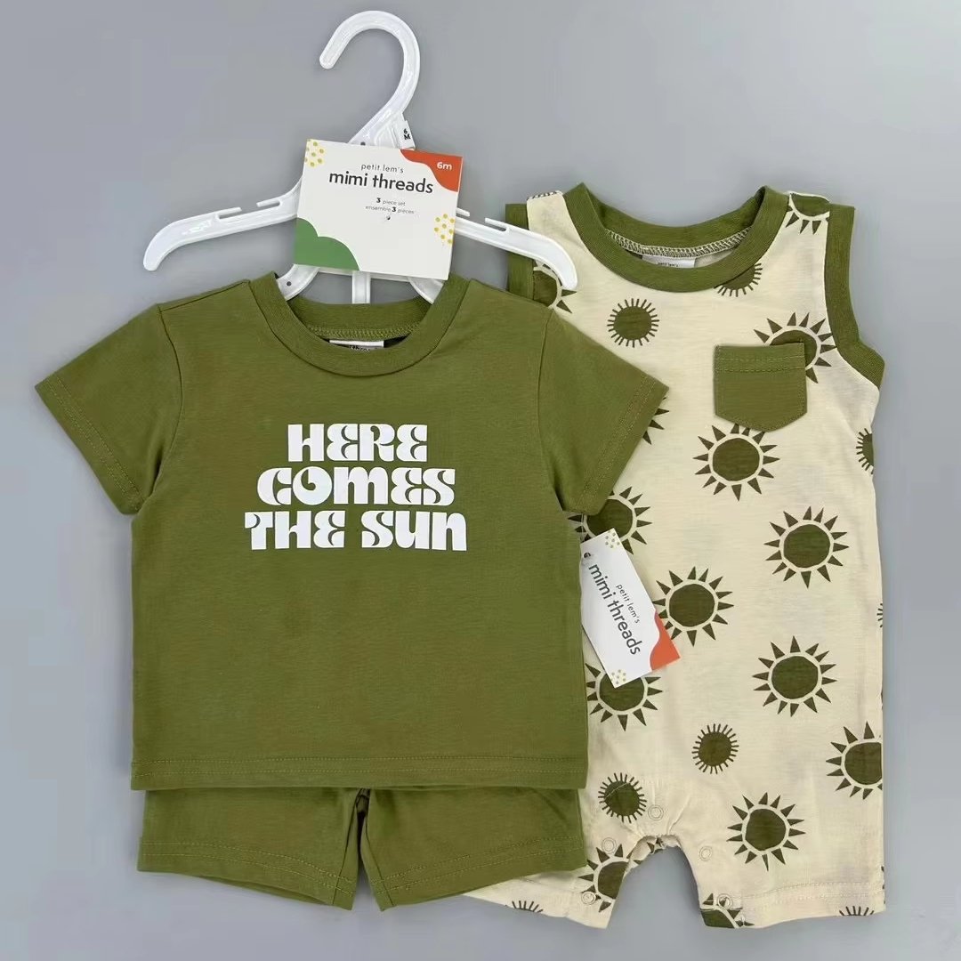 Wholesale 3-18M Summer Baby Letters Short Sleeve Clothes Kids Girls Boys Clothing High Quality 3 Pcs Sets