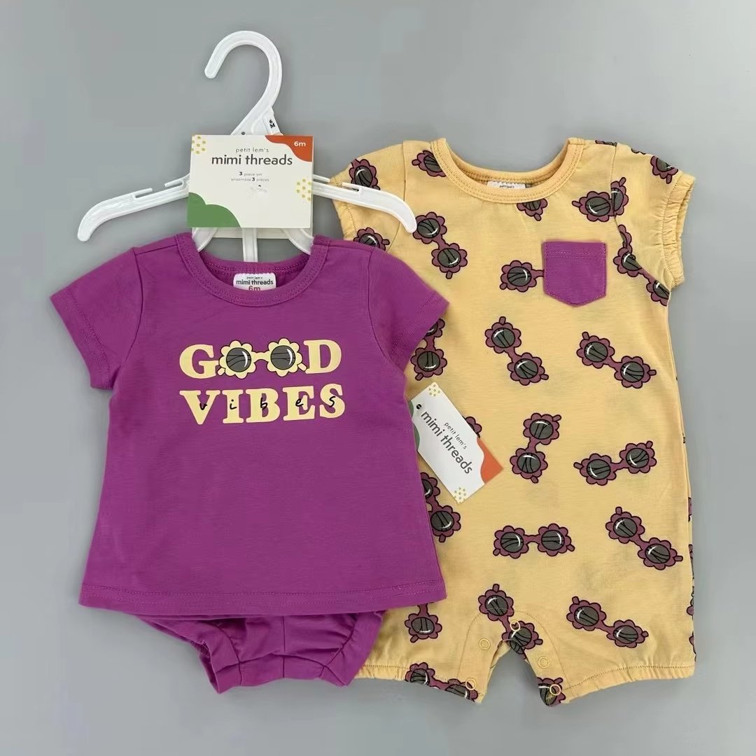 Wholesale 3-18M Summer Baby Letters Short Sleeve Clothes Kids Girls Boys Clothing High Quality 3 Pcs Sets
