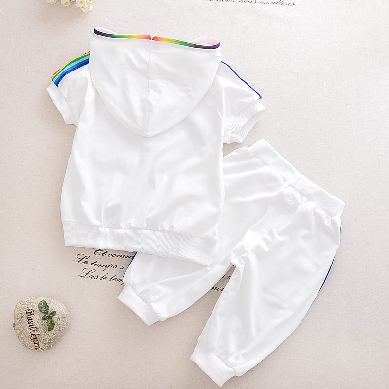 Boys and girls sports suit summer short-sleeved baby hooded zip-up shirt black and white two-piece suit