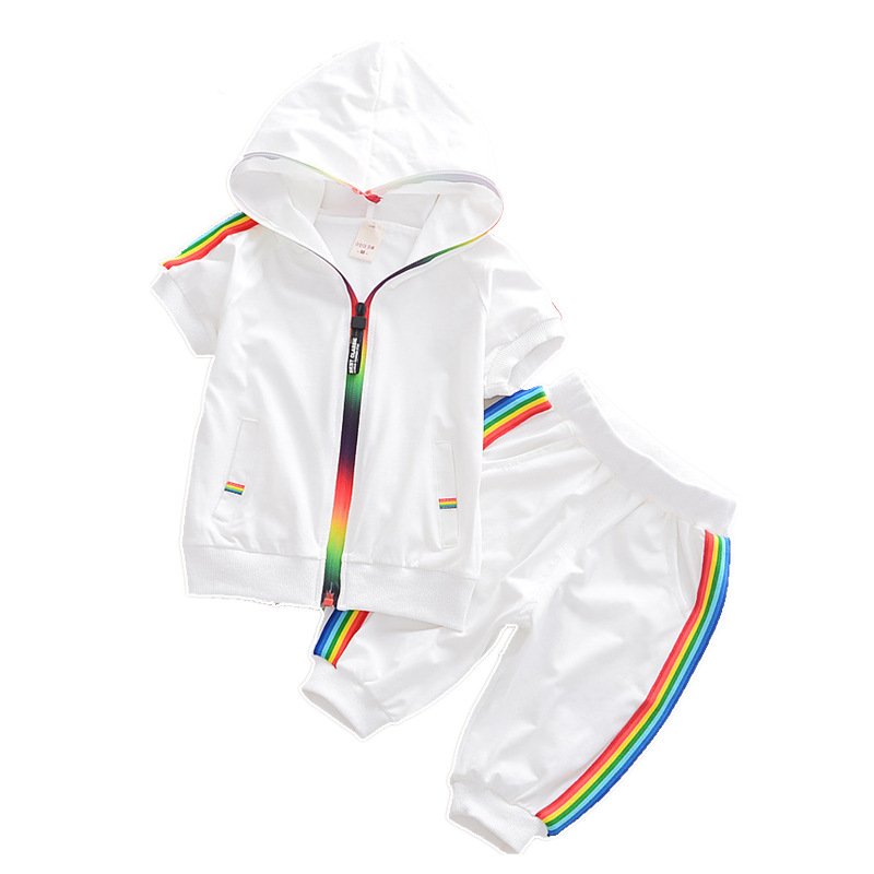 Boys and girls sports suit summer short-sleeved baby hooded zip-up shirt black and white two-piece suit